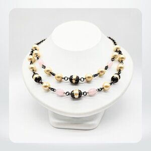 Vintage Double-Strand Faux Pearl & Pink Beaded Necklace – Antiqued Brass Chain